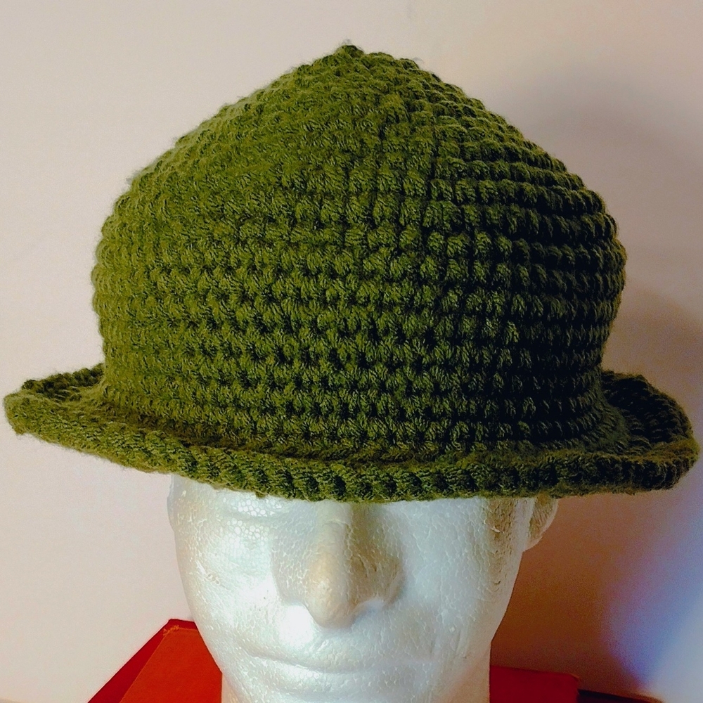 New Handmade Crocheted Non-wool Olive Green Derby Hat XL - Picture 5 of 9